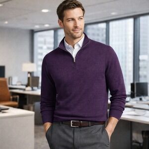 Jos A Bank Traveler Merino Wool Sweater Purple Quarter Zip Men's XL Classic Knit